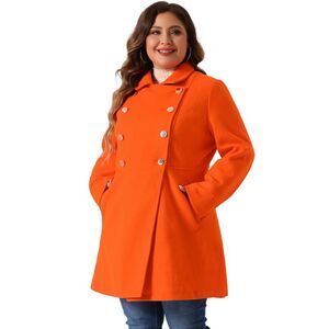Plus Size A-Line Peter Pan Collar Double Breasted Coats Orange